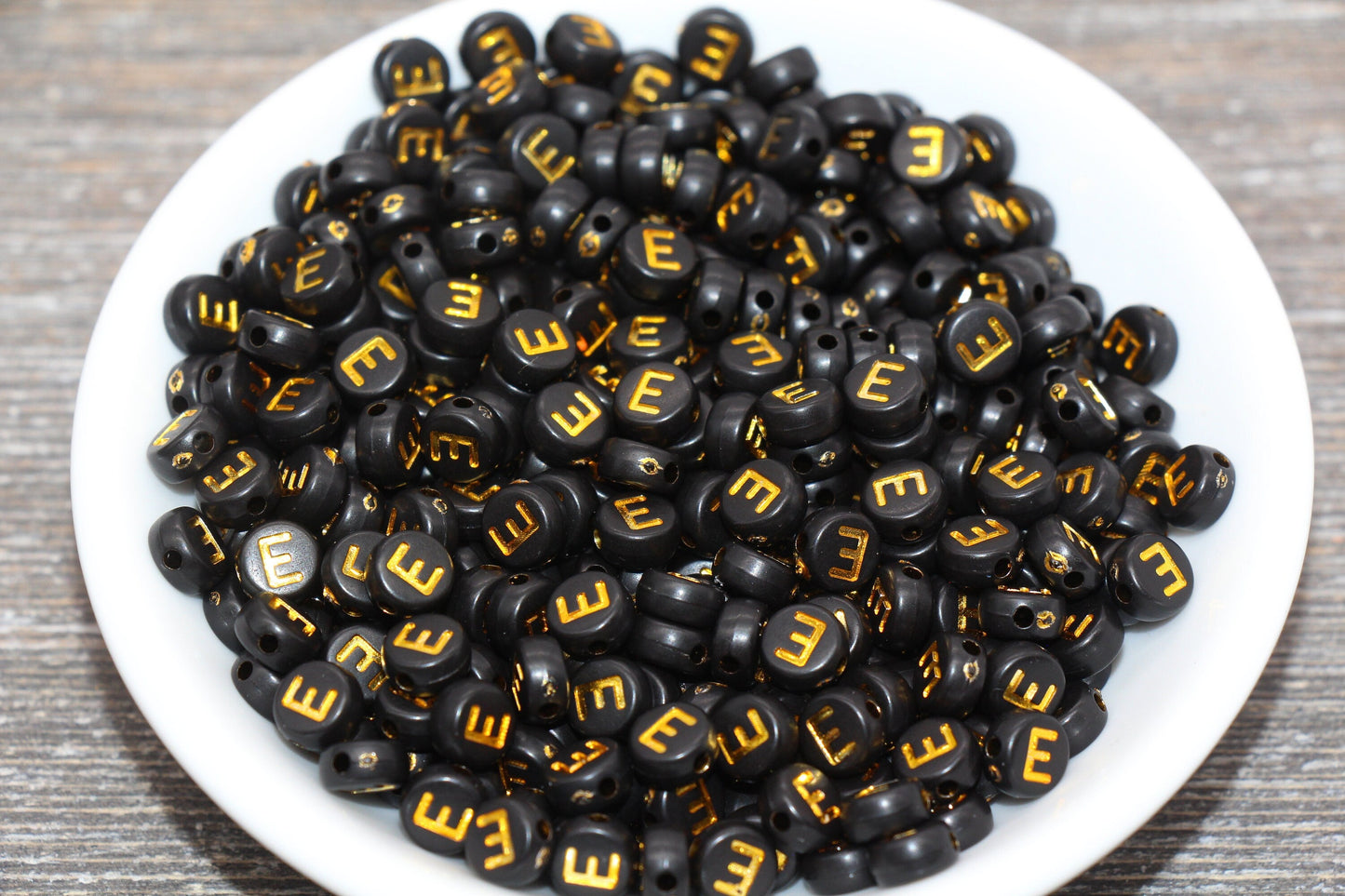 Letter E Beads, Black with Gold Letter E, Individual letter, Single Letter, Gold Letter E, Size 7mm