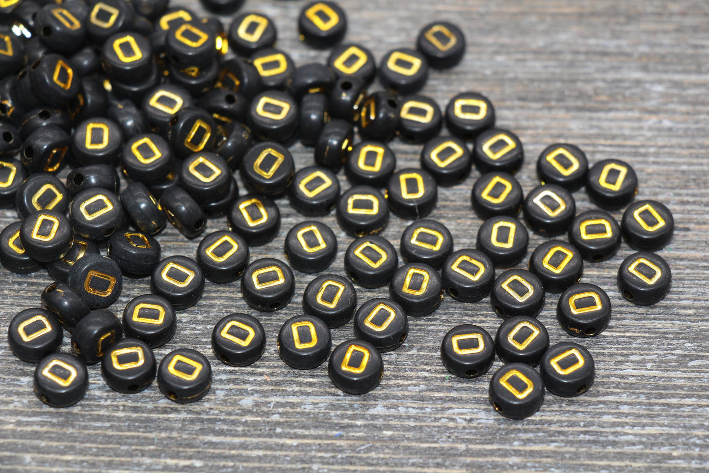 Letter D Beads, Black with Gold Letter D, Individual letter, Single Letter, Gold Letter D, Size 7mm