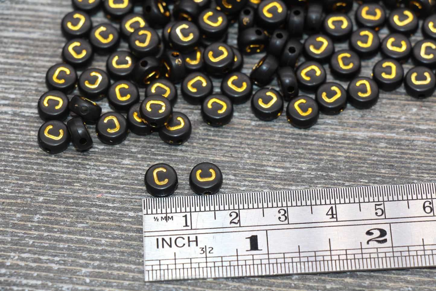 Letter C Beads, Black with Gold Letter C, Individual letter, Single Letter, Gold Letter C, Size 7mm
