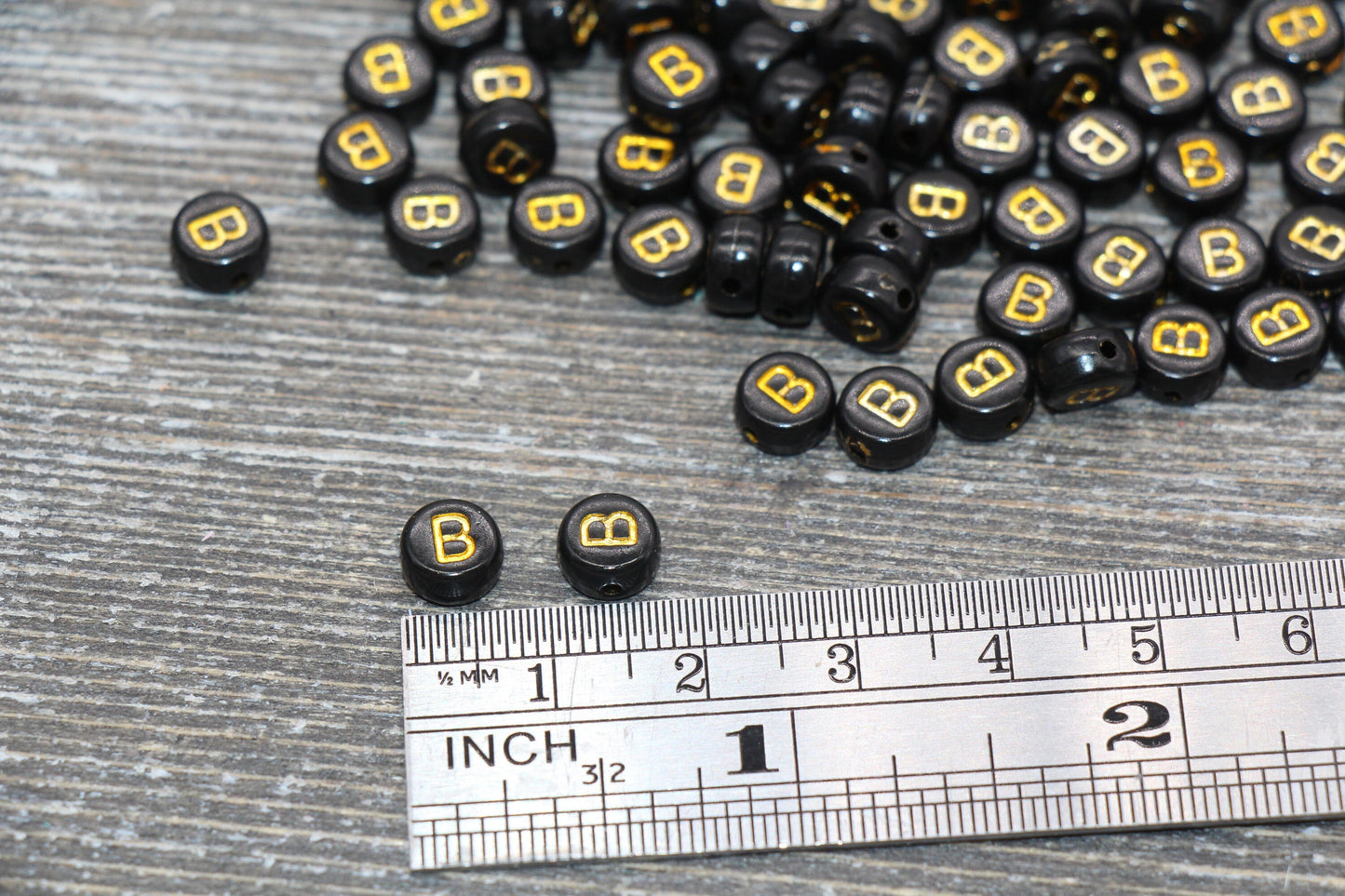 Letter B Beads, Black with Gold Letter B, Individual letter, Single Letter, Gold Letter B, Size 7mm