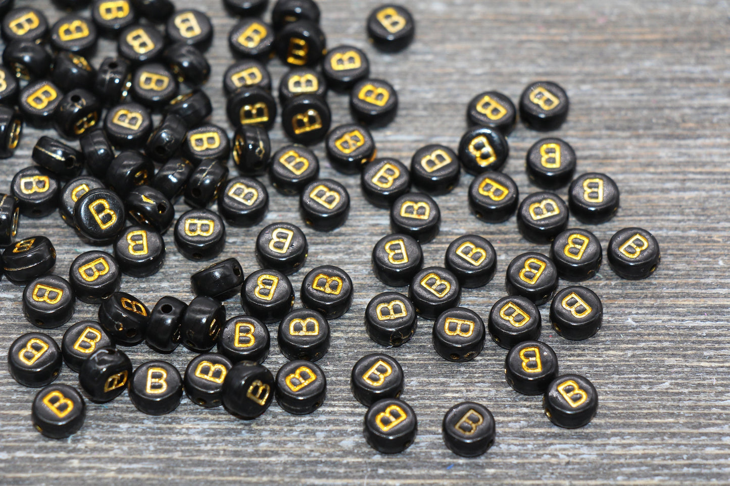 Letter B Beads, Black with Gold Letter B, Individual letter, Single Letter, Gold Letter B, Size 7mm