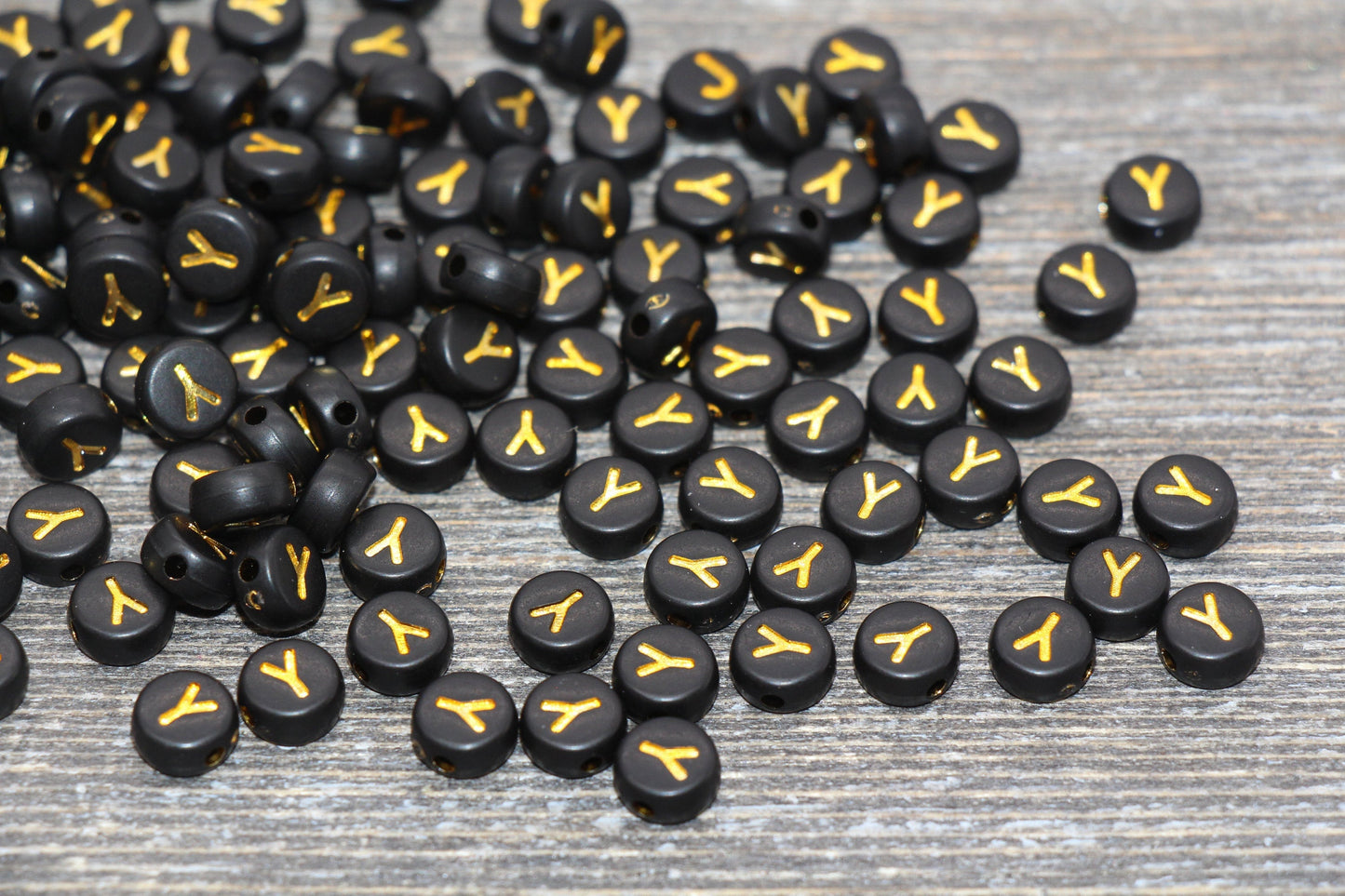 Letter Y Beads, Black with Gold Letter Y, Individual letter, Single Letter, Gold Letter Y, Size 7mm