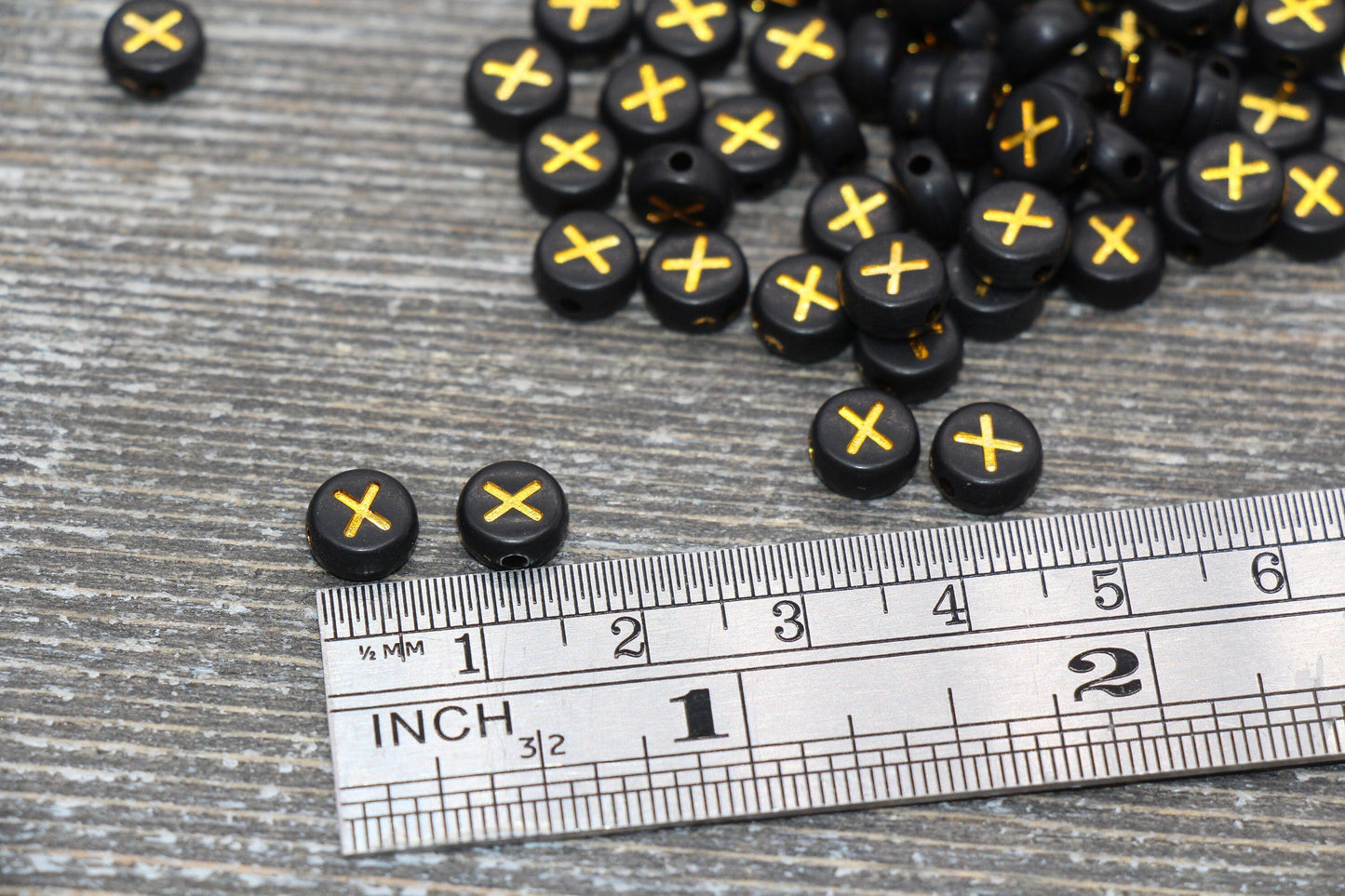 Letter X Beads, Black with Gold Letter X, Individual letter, Single Letter, Gold Letter X, Size 7mm