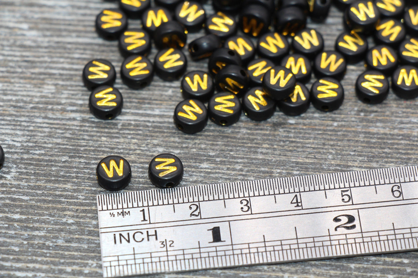 Letter W Beads, Black with Gold Letter W, Individual letter, Single Letter, Gold Letter W, Size 7mm
