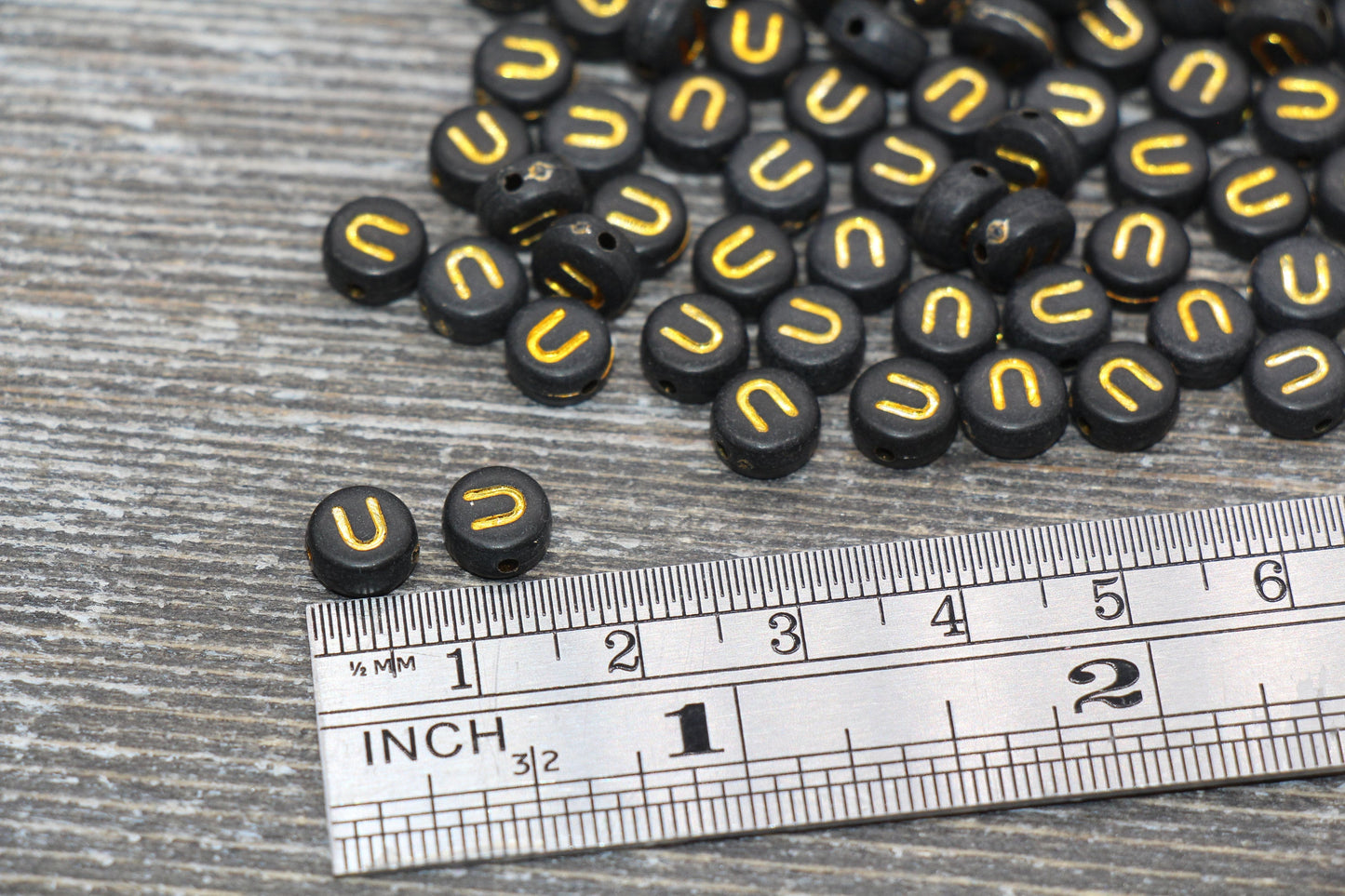 Letter U Beads, Black with Gold Letter U, Individual letter, Single Letter, Gold Letter U, Size 7mm