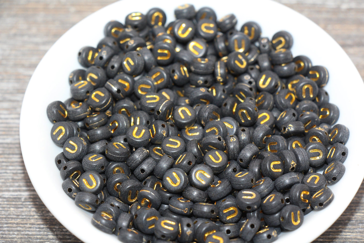 Letter U Beads, Black with Gold Letter U, Individual letter, Single Letter, Gold Letter U, Size 7mm