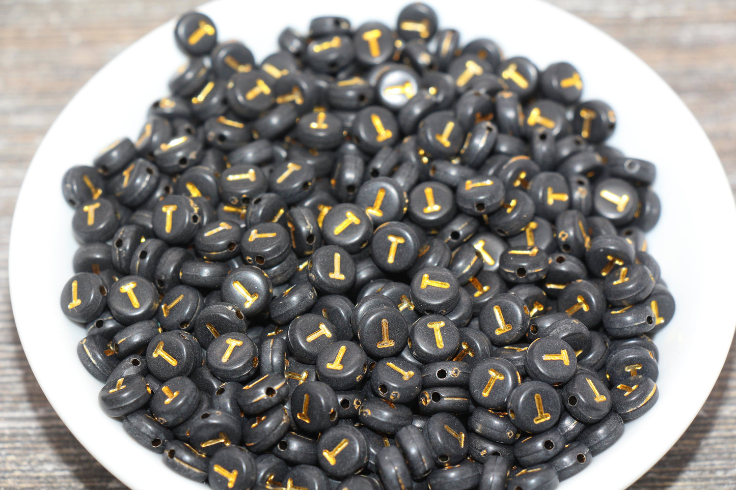 Letter T Beads, Black with Gold Letter T, Individual letter, Single Letter, Gold Letter T, Size 7mm