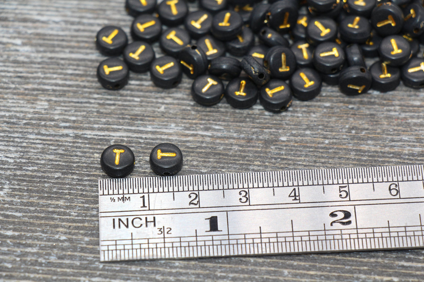 Letter T Beads, Black with Gold Letter T, Individual letter, Single Letter, Gold Letter T, Size 7mm