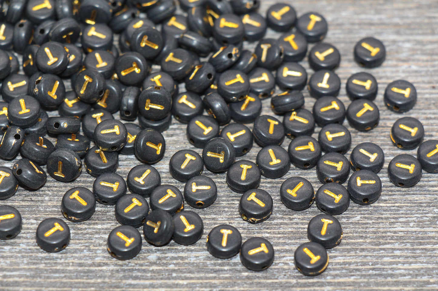 Letter T Beads, Black with Gold Letter T, Individual letter, Single Letter, Gold Letter T, Size 7mm