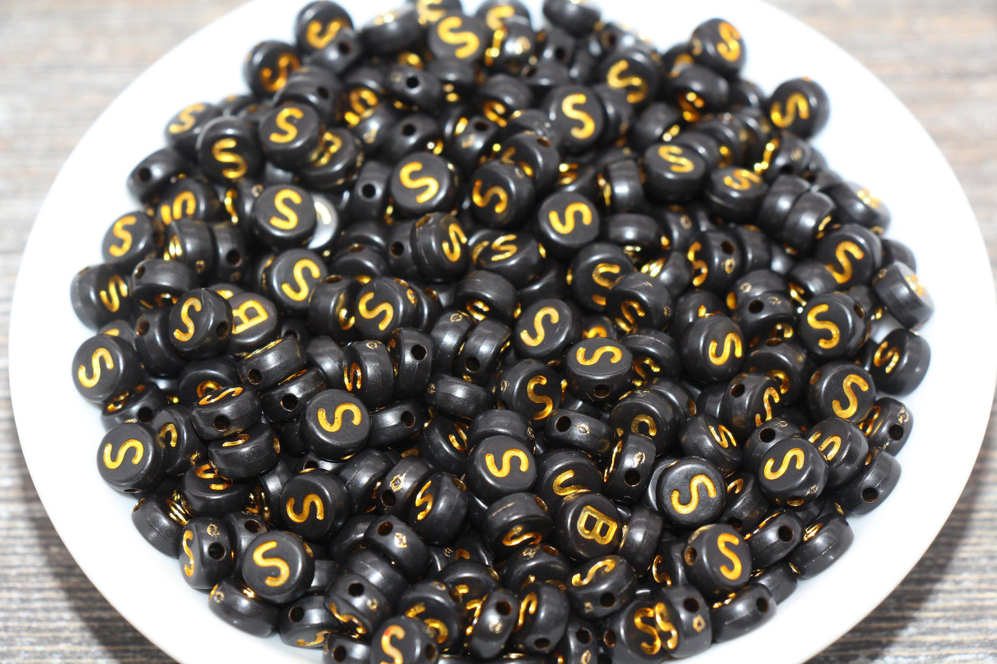 Letter S Beads, Black with Gold Letter S, Individual letter, Single Letter, Gold Letter S, Size 7mm