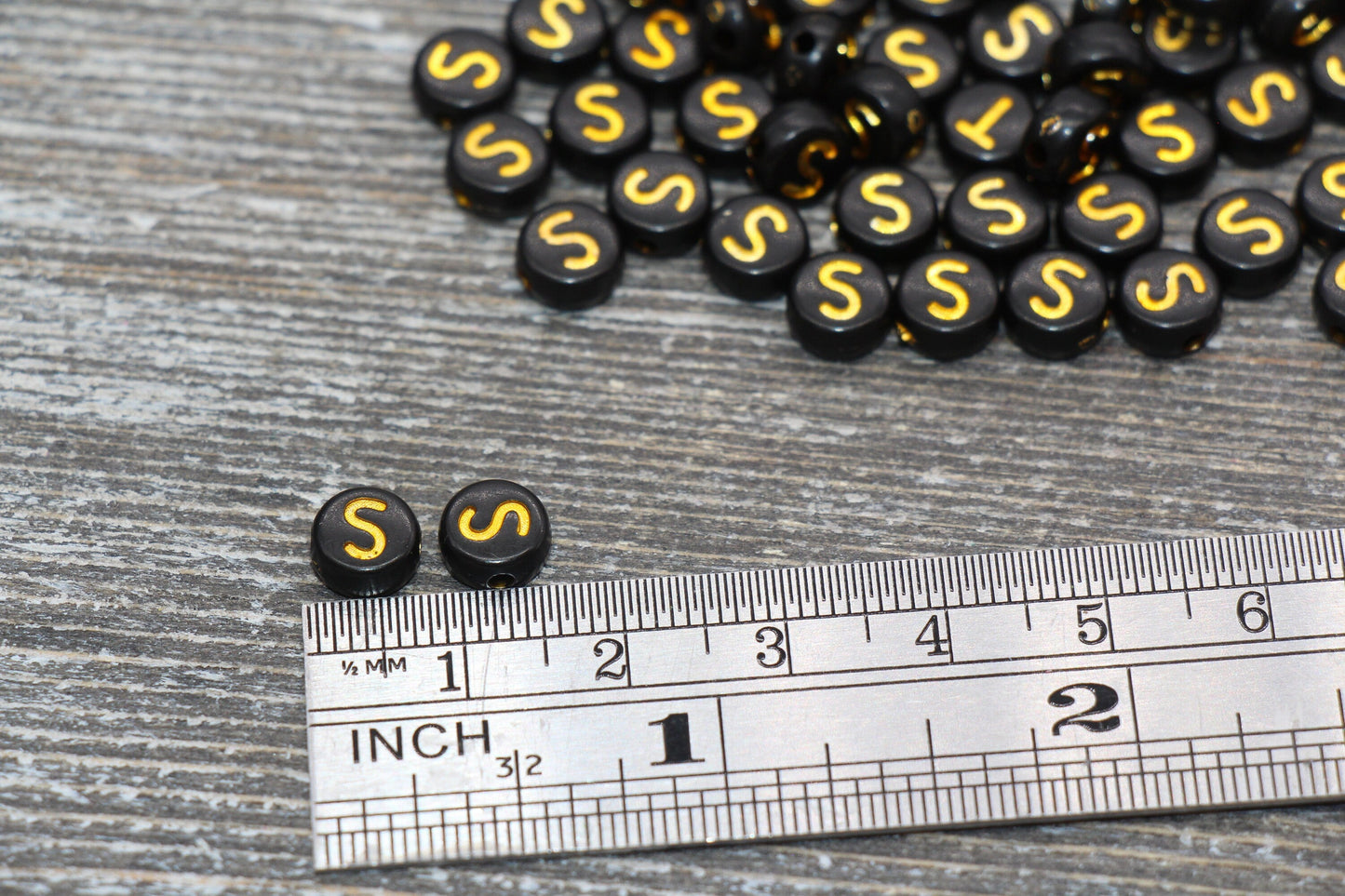 Letter S Beads, Black with Gold Letter S, Individual letter, Single Letter, Gold Letter S, Size 7mm