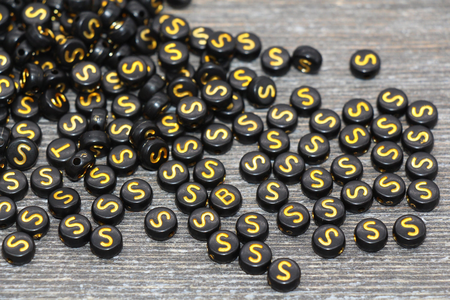 Letter S Beads, Black with Gold Letter S, Individual letter, Single Letter, Gold Letter S, Size 7mm