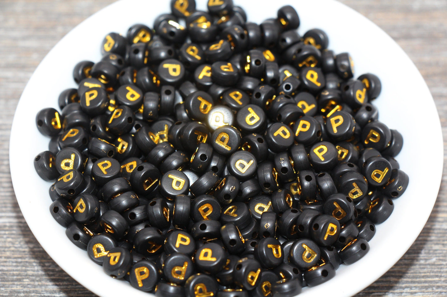 Letter P Beads, Black with Gold Letter P, Individual letter, Single Letter, Gold Letter P, Size 7mm