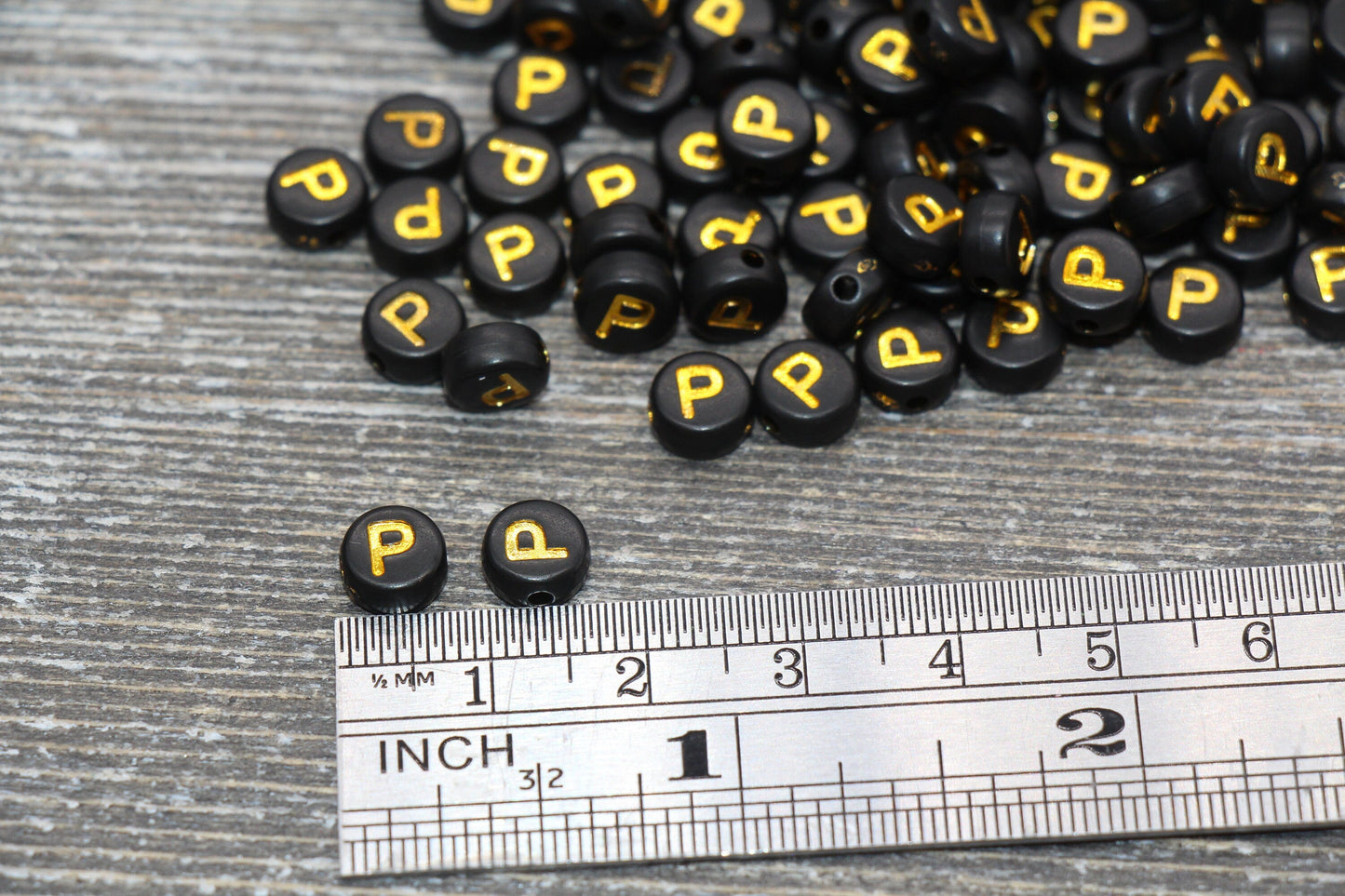 Letter P Beads, Black with Gold Letter P, Individual letter, Single Letter, Gold Letter P, Size 7mm