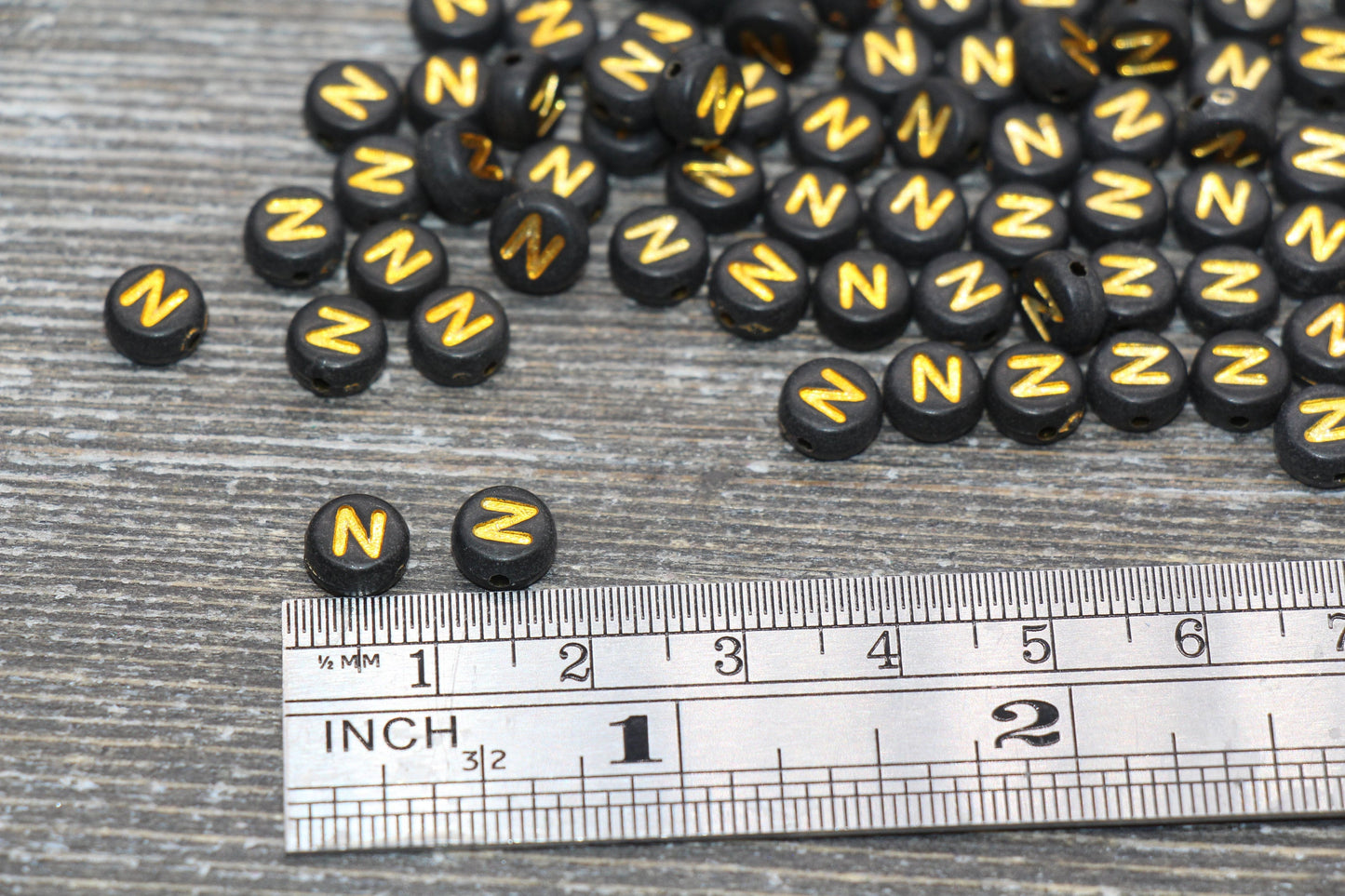 Letter N Beads, Black with Gold Letter N, Individual letter, Single Letter, Gold Letter N, Size 7mm