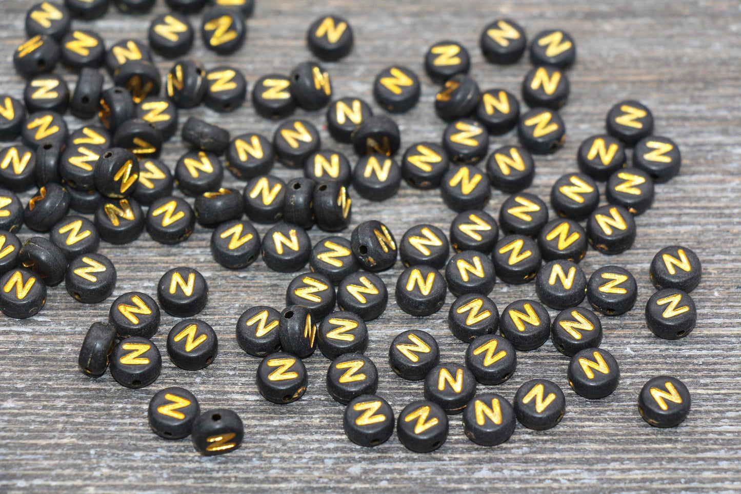 Letter N Beads, Black with Gold Letter N, Individual letter, Single Letter, Gold Letter N, Size 7mm