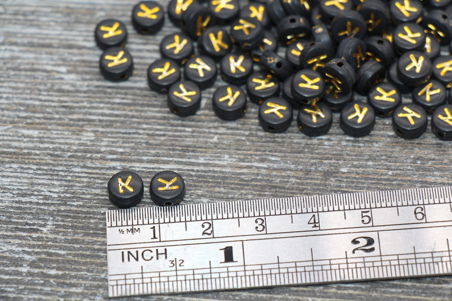 Letter K Beads, Black with Gold Letter K, Individual letter, Single Letter, Gold Letter K, Size 7mm
