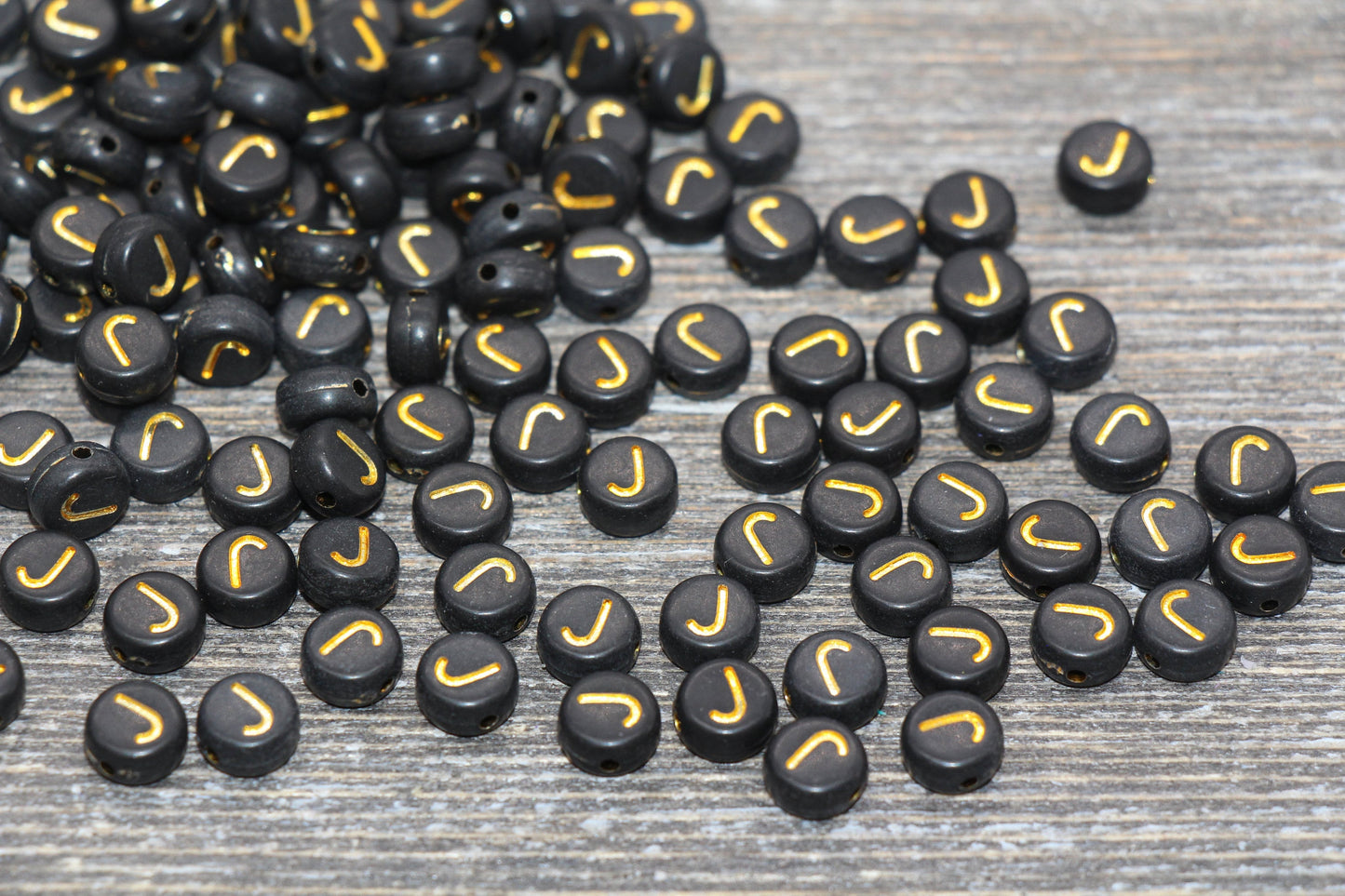Letter J Beads, Black with Gold Letter J, Individual letter, Single Letter, Gold Letter J, Size 7mm