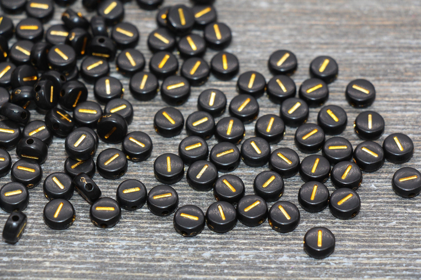 Letter I Beads, Black with Gold Letter I, Individual letter, Single Letter, Gold Letter I, Size 7mm