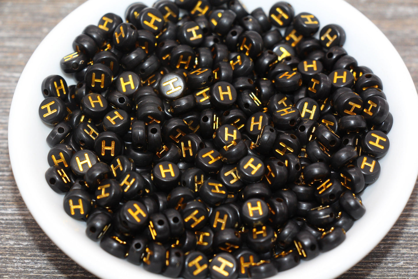 Letter H Beads, Black with Gold Letter H, Individual letter, Single Letter, Gold Letter H, Size 7mm