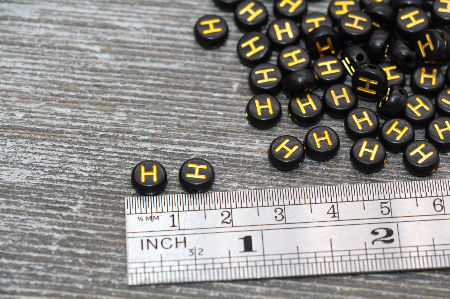 Letter H Beads, Black with Gold Letter H, Individual letter, Single Letter, Gold Letter H, Size 7mm