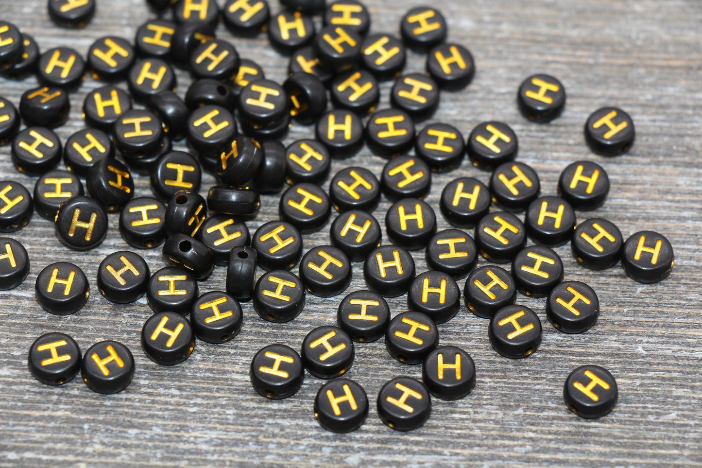 Letter H Beads, Black with Gold Letter H, Individual letter, Single Letter, Gold Letter H, Size 7mm