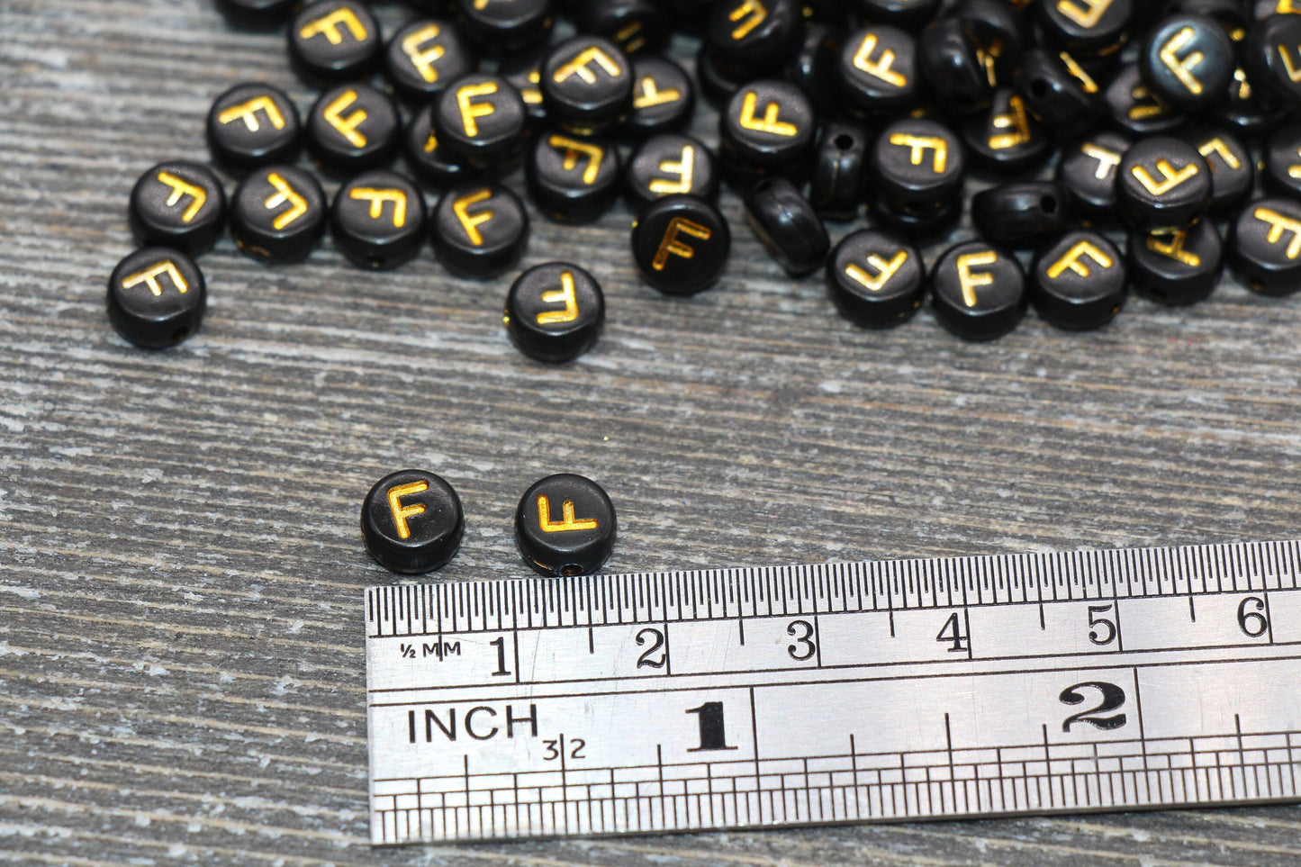 Letter F Beads, Black with Gold Letter F, Individual letter, Single Letter, Gold Letter F, Size 7mm