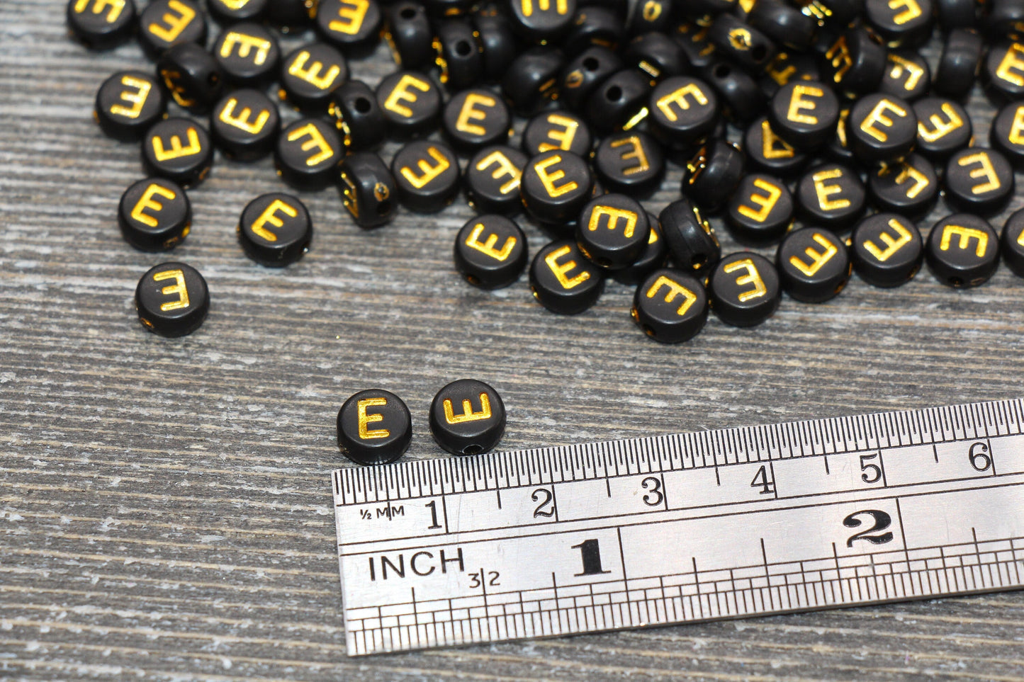 Letter E Beads, Black with Gold Letter E, Individual letter, Single Letter, Gold Letter E, Size 7mm