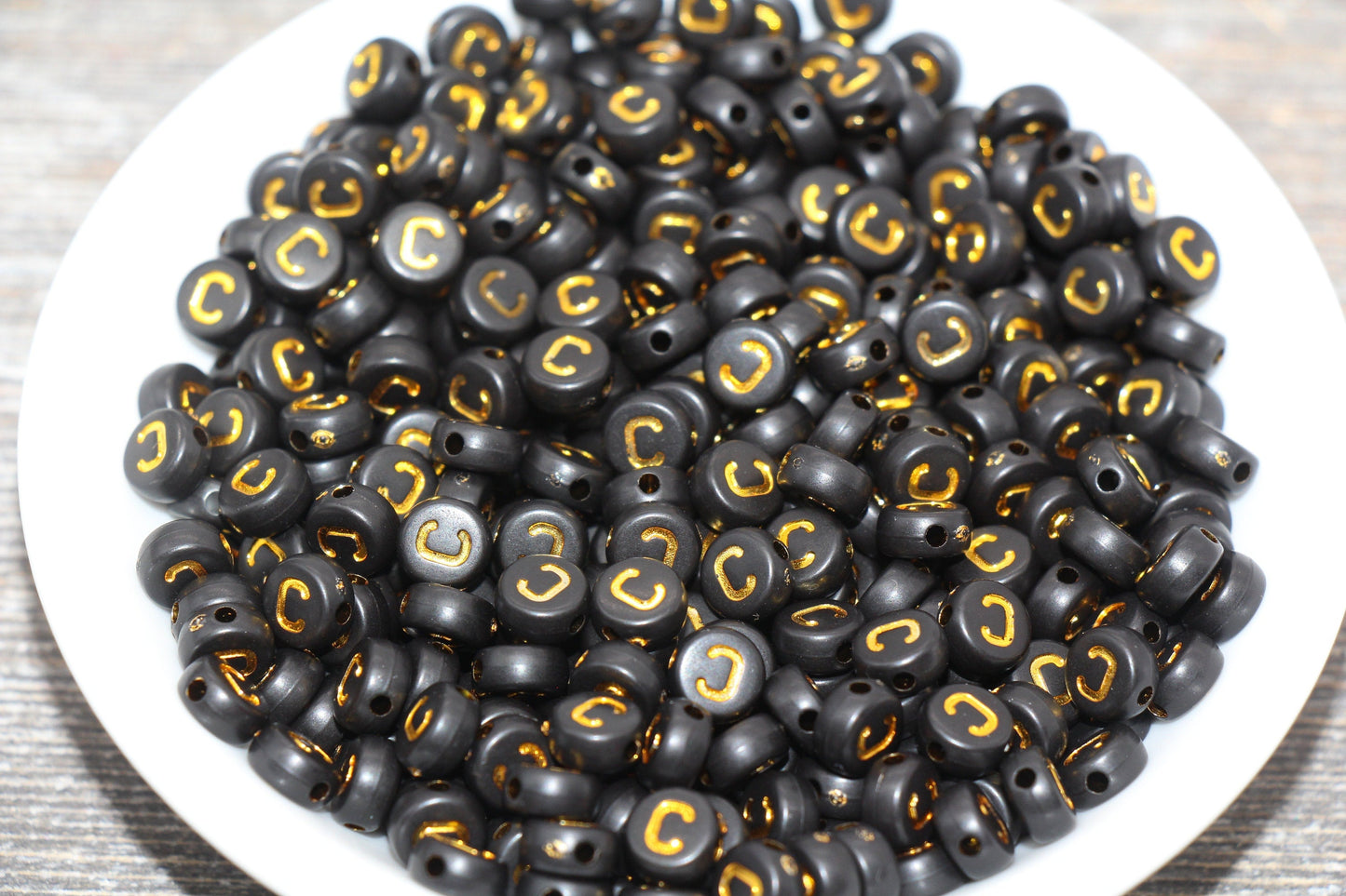 Letter C Beads, Black with Gold Letter C, Individual letter, Single Letter, Gold Letter C, Size 7mm