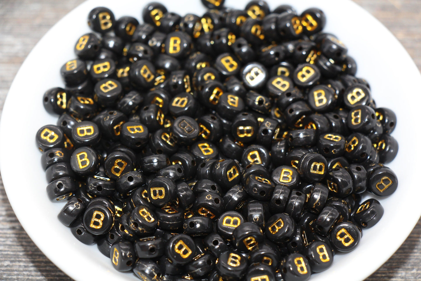 Letter B Beads, Black with Gold Letter B, Individual letter, Single Letter, Gold Letter B, Size 7mm