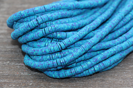 6mm Blue Speckled Heishi Beads, Mix Color Polymer Clay Disc Beads, African Disc Beads, Vinyl Heishi, 16 inch Strand #40