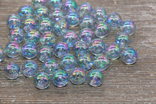 12mm Iridescent Translucent Blue Beads with Glitter, Shinny Bubblegum Beads, Sparkle Chunky Beads, Smooth Round Plastic Beads #1838