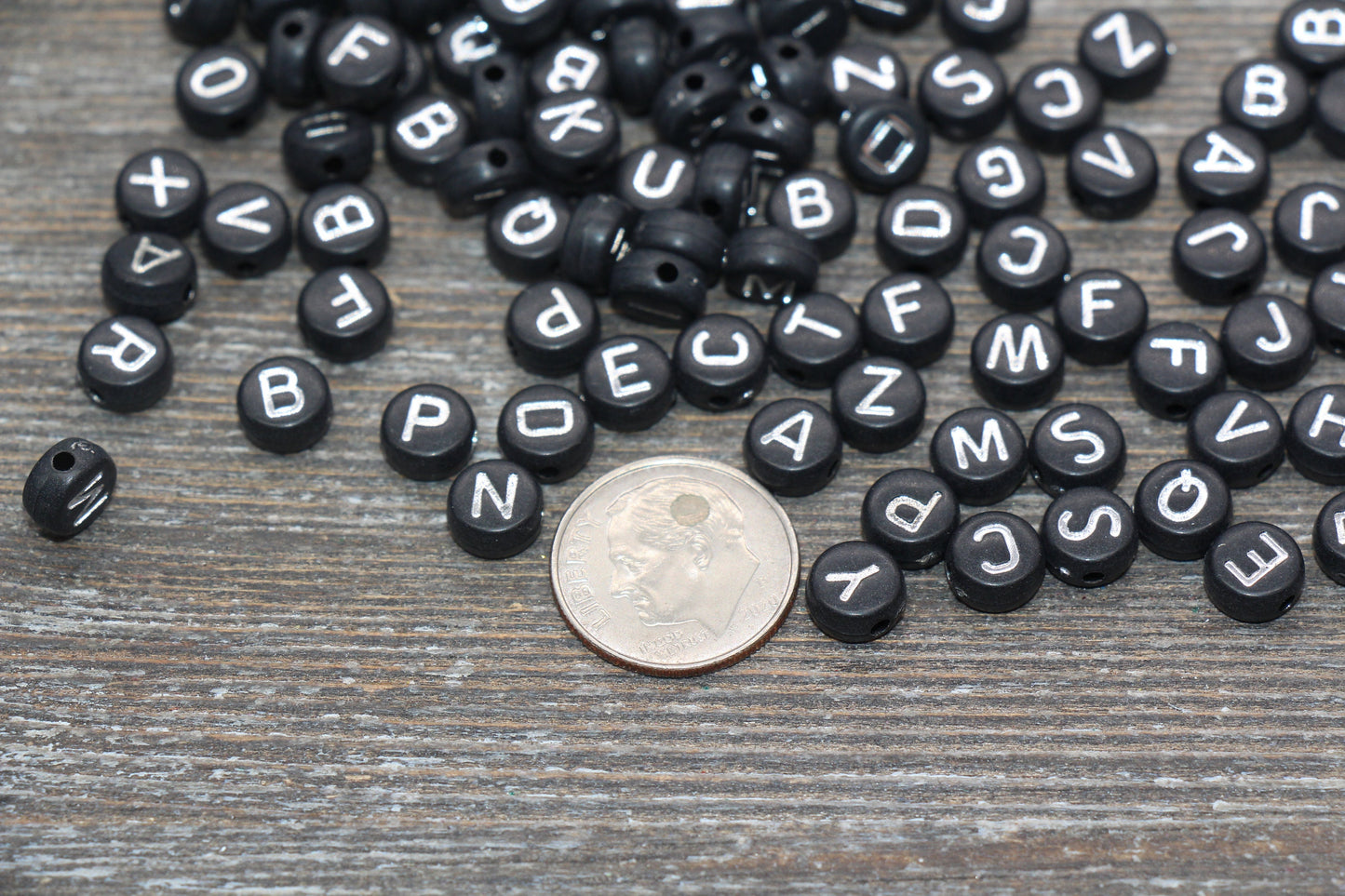 Alphabet Letter Beads, Acrylic Black Beads with Silver Letter Beads, Round Acrylic Beads, ABC Letter Beads, Name Initial Beads, Size 7mm #70