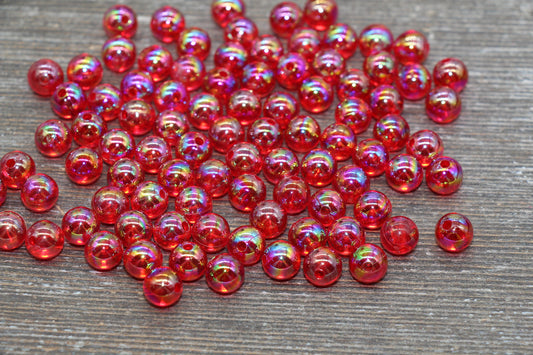8mm Red AB Round Beads, Iridescent Acrylic Gumball Beads, Translucent Round Spacer Beads, Bubblegum Beads, Plastic Round Bead #1969