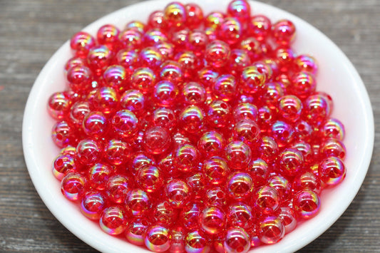 8mm Red AB Round Beads, Iridescent Acrylic Gumball Beads, Translucent Round Spacer Beads, Bubblegum Beads, Plastic Round Bead #1969