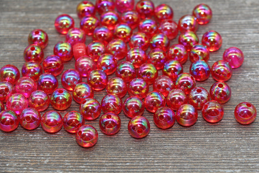 10mm Red AB Round Beads, Iridescent Acrylic Gumball Beads, Translucent Round Spacer Beads, Bubblegum Beads, Plastic Round Bead #1970