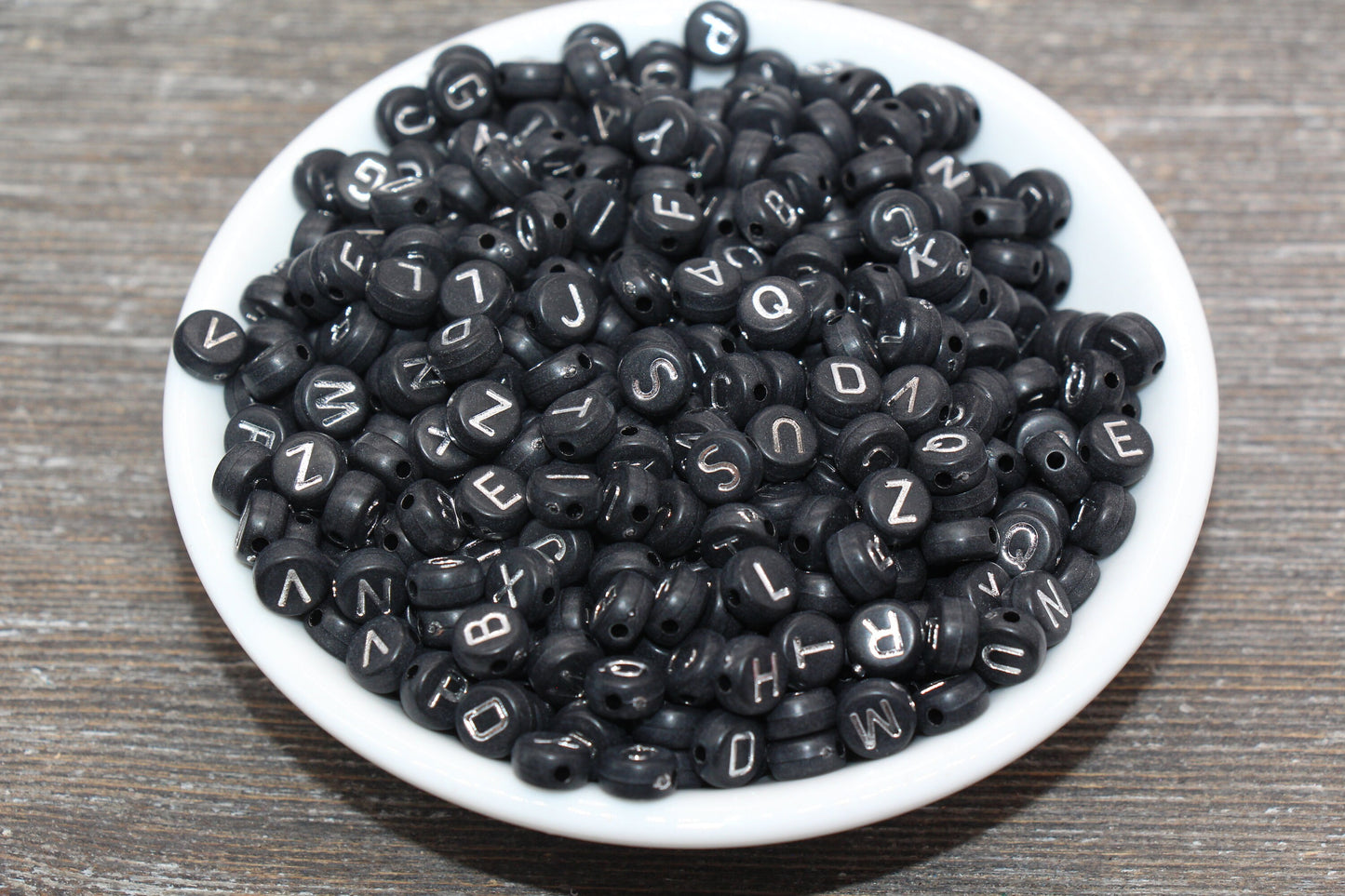 Alphabet Letter Beads, Acrylic Black Beads with Silver Letter Beads, Round Acrylic Beads, ABC Letter Beads, Name Initial Beads, Size 7mm #70
