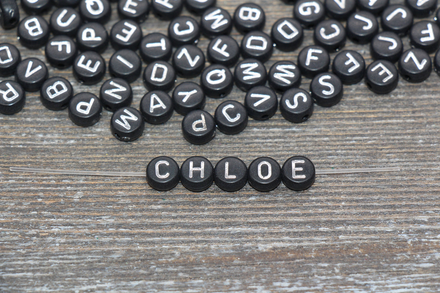 Alphabet Letter Beads, Acrylic Black Beads with Silver Letter Beads, Round Acrylic Beads, ABC Letter Beads, Name Initial Beads, Size 7mm #70