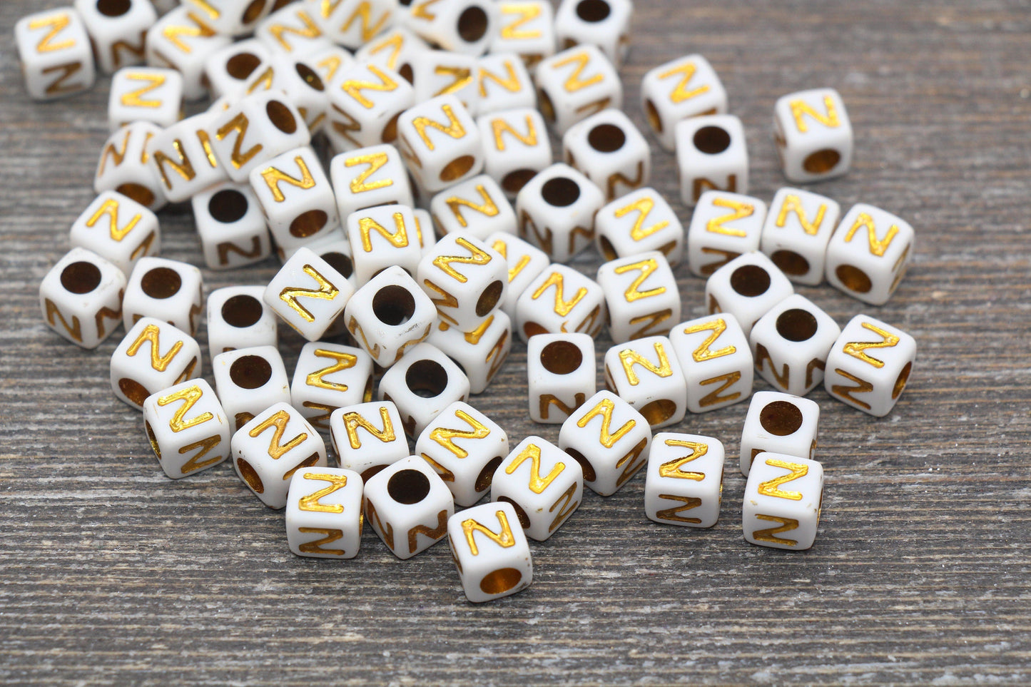 Letter Z Letter Beads, Cube White Beads with Gold Lettering, Individual Letter Beads, Acrylic Square Name Beads, Size 7mm