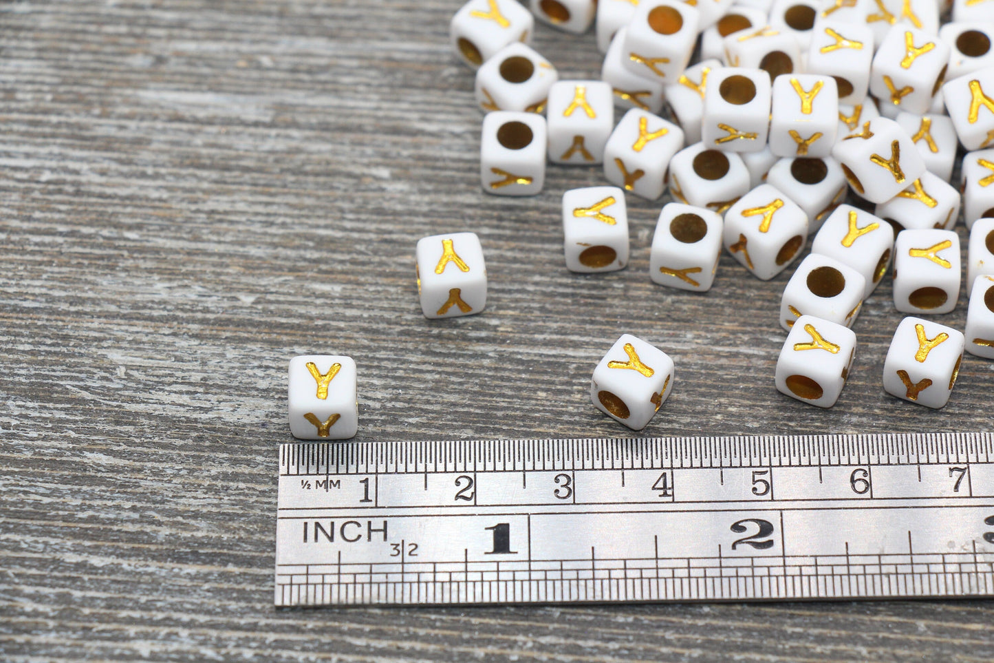 Letter Y Letter Beads, Cube White Beads with Gold Lettering, Individual Letter Beads, Acrylic Square Name Beads, Size 7mm