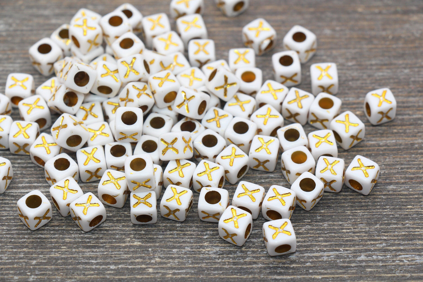 Letter X Letter Beads, Cube White Beads with Gold Lettering, Individual Letter Beads, Acrylic Square Name Beads, Size 7mm