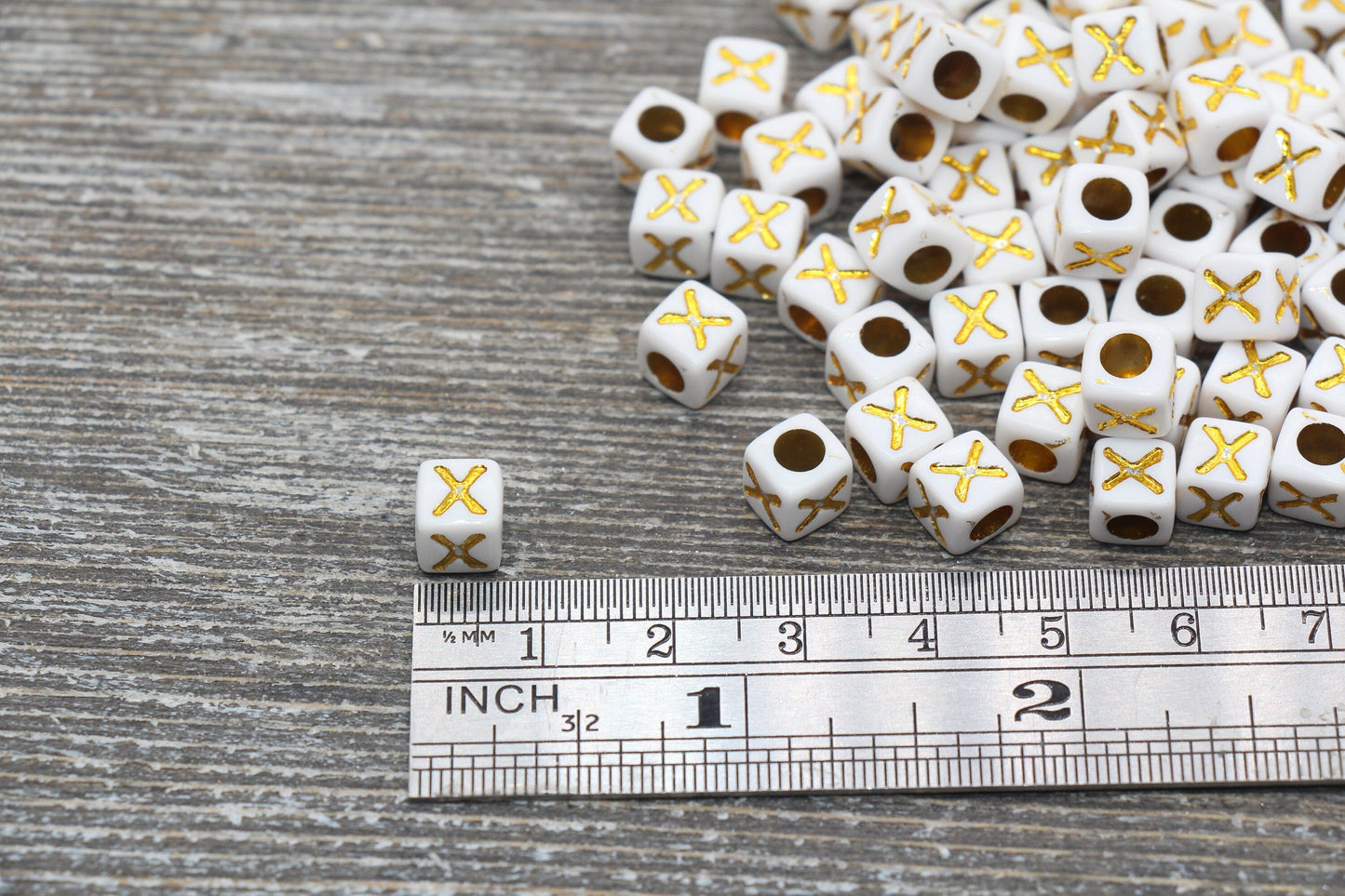 Letter X Letter Beads, Cube White Beads with Gold Lettering, Individual Letter Beads, Acrylic Square Name Beads, Size 7mm