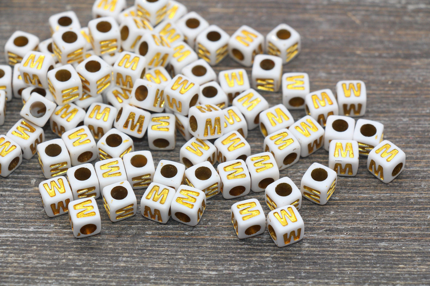 Letter W Letter Beads, Cube White Beads with Gold Lettering, Individual Letter Beads, Acrylic Square Name Beads, Size 7mm