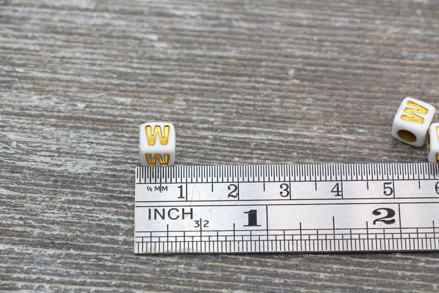 Letter W Letter Beads, Cube White Beads with Gold Lettering, Individual Letter Beads, Acrylic Square Name Beads, Size 7mm