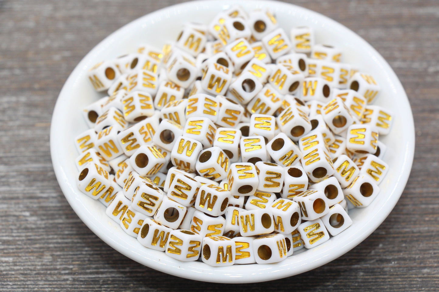 Letter W Letter Beads, Cube White Beads with Gold Lettering, Individual Letter Beads, Acrylic Square Name Beads, Size 7mm