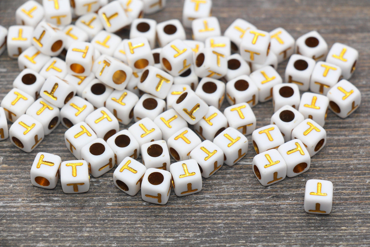 Letter T Letter Beads, Cube White Beads with Gold Lettering, Individual Letter Beads, Acrylic Square Name Beads, Size 7mm