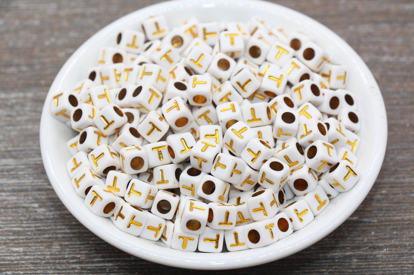 Letter T Letter Beads, Cube White Beads with Gold Lettering, Individual Letter Beads, Acrylic Square Name Beads, Size 7mm