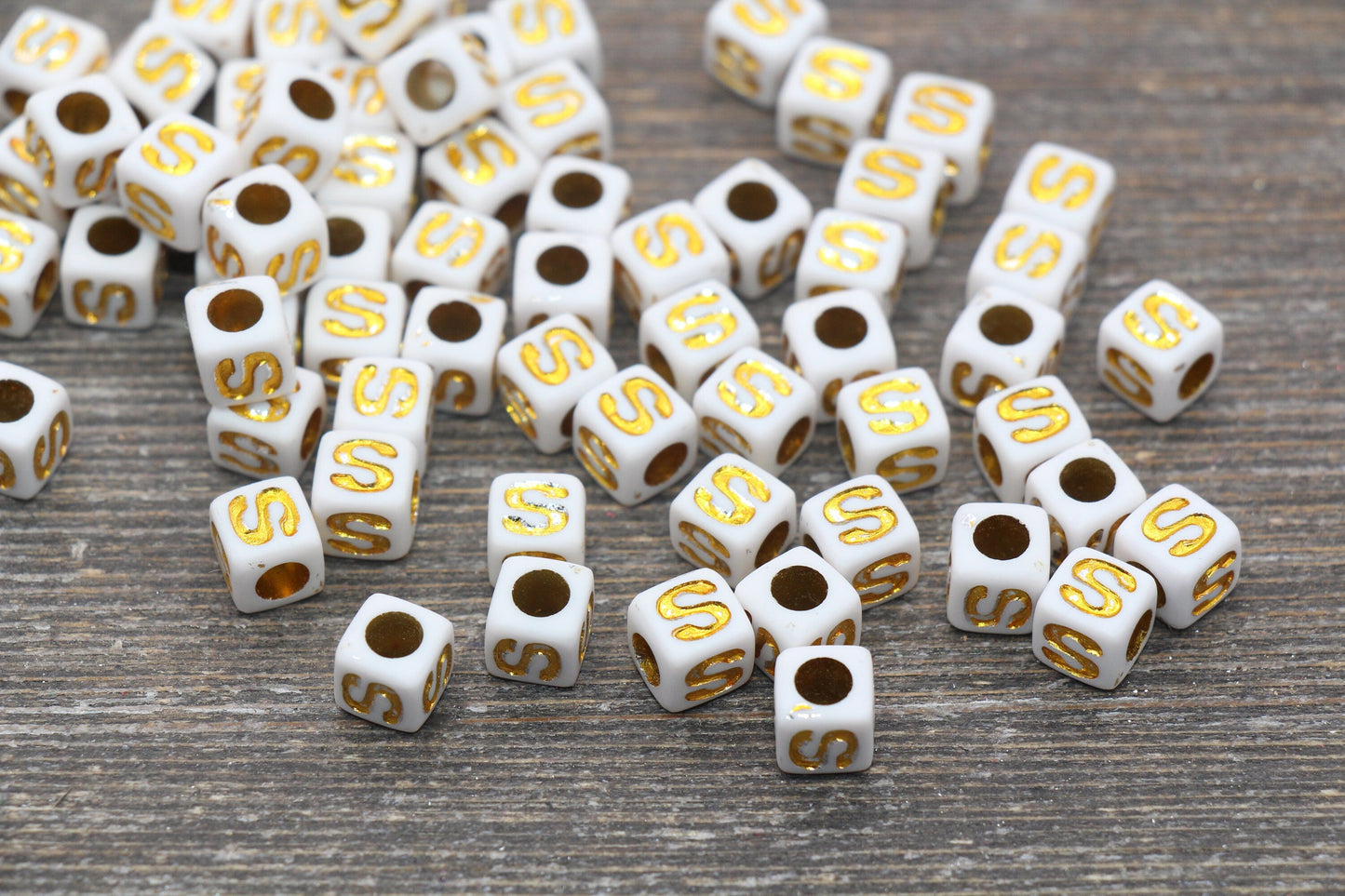 Letter S Letter Beads, Cube White Beads with Gold Lettering, Individual Letter Beads, Acrylic Square Name Beads, Size 7mm