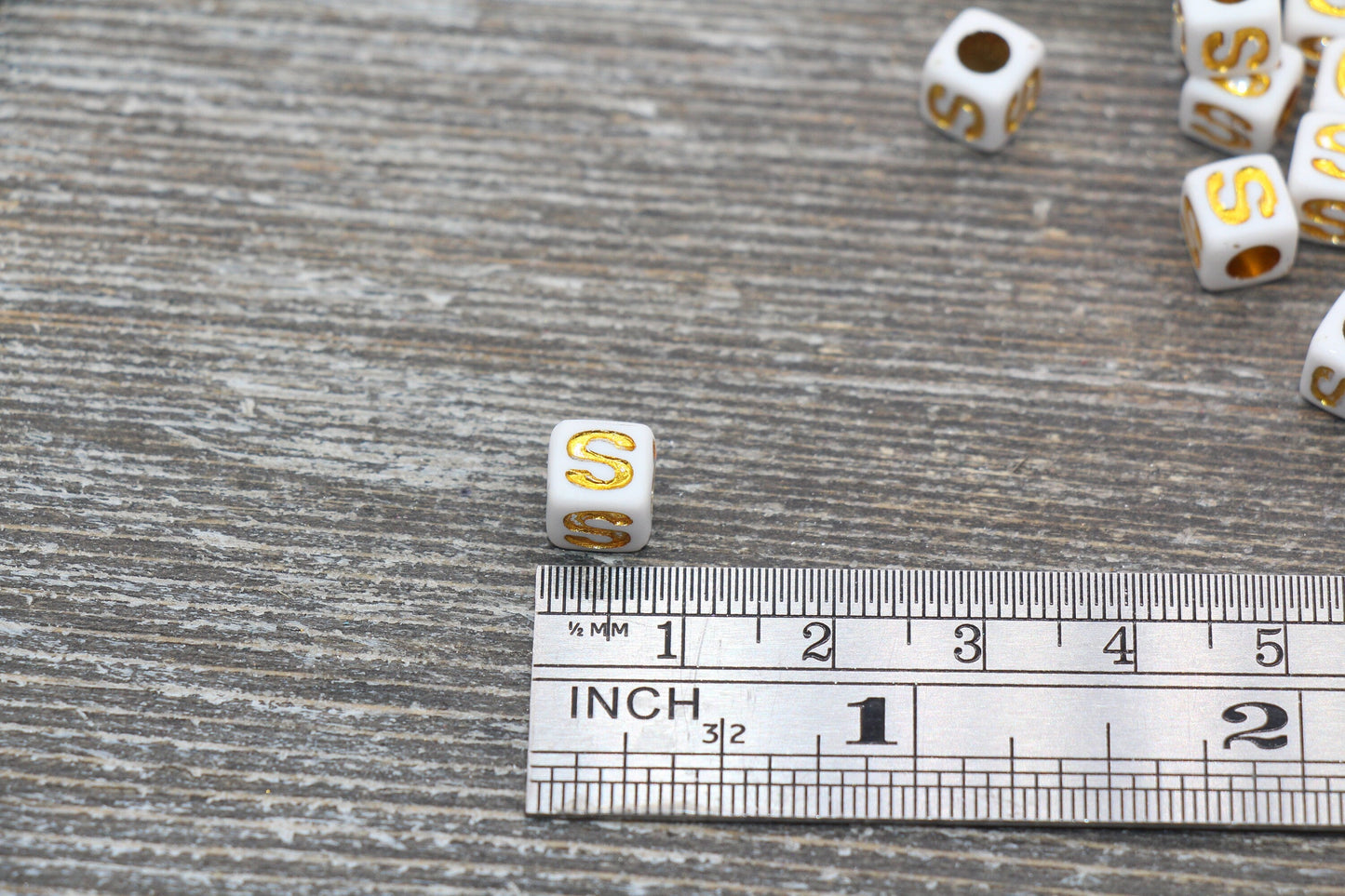 Letter S Letter Beads, Cube White Beads with Gold Lettering, Individual Letter Beads, Acrylic Square Name Beads, Size 7mm