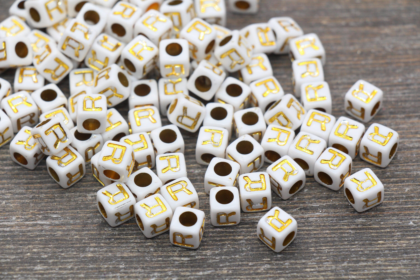Letter R Letter Beads, Cube White Beads with Gold Lettering, Individual Letter Beads, Acrylic Square Name Beads, Size 7mm